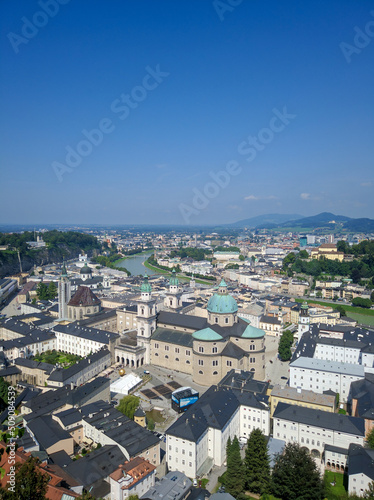 Salzburg, Austria - August 26, 2019: View of the architecture of the city of Salzburg and the river from the Hohensalzburg Fortress. Copy space