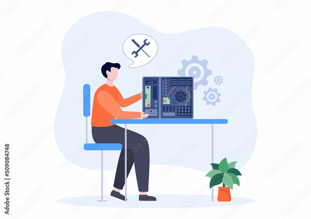 Computer Repair or Service Flat Cartoon Illustration with Tools Repairman Electronics for for Data Recovery Center and Crash on PC Computer Repair or Service Flat Cartoon Illustration with Tools Repairman Electronics for for Data Recovery Center and Crash on PC