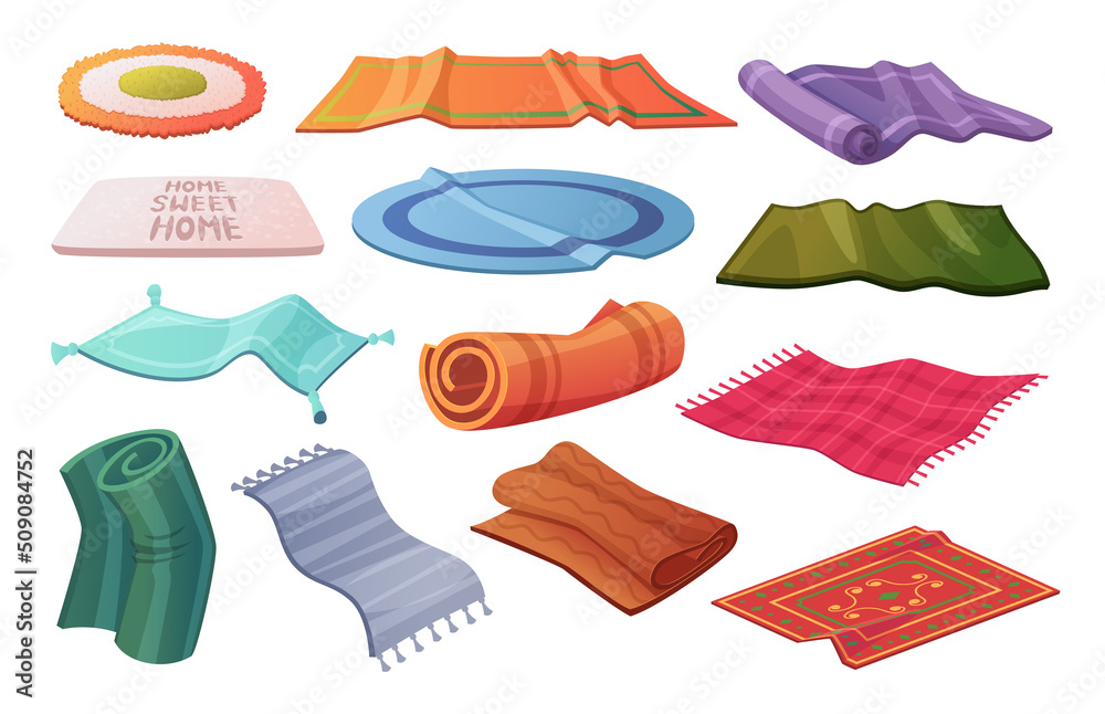Cozy carpets. Wool textile crafted large rugs exact vector colored waved carpets