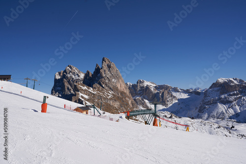 Chairlift with beautiful mountains in background. Ski Slopes in the Alps © Rabanser