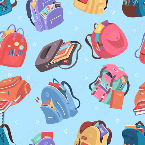 School bags pattern. Education accessories and textile containers for students exact vector seamless background