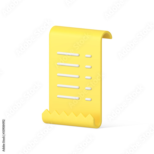 Vertical yellow paper paycheck curved blank paper payment document 3d icon vector illustration