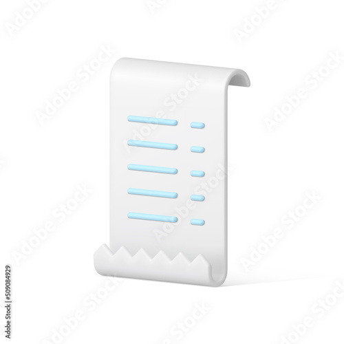 Curved white vertical paycheck with financial data information realistic 3d icon vector illustration