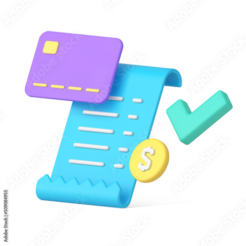 Realistic success banking paid paper document checkmark diagonal placed isometric 3d icon vector