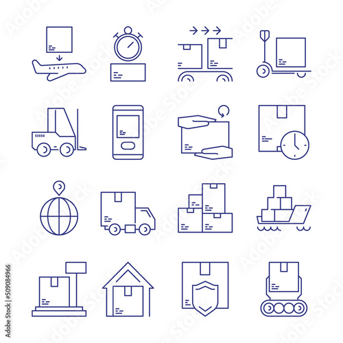 Delivery storage icon. Logistic symbols shipping and transportation packages warehouse storage boxes garish vector pictograms and symbols