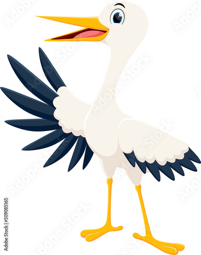Happy stork standing on white background