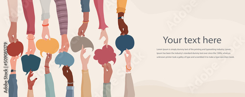 Agreement or affair between group of colleagues or collaborators. Diversity People who exchange information.Hands holding speech bubble. Sharing and exchange. Community. Banner copy space