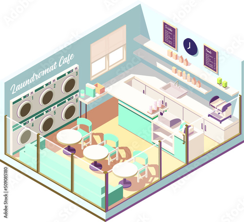 isometric laundromat cafe vector illustration