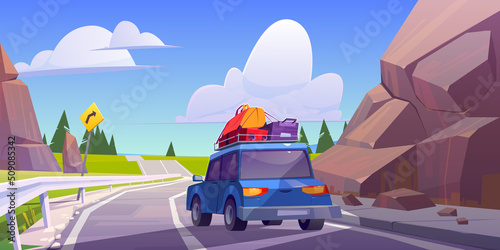 Road trip by car at summer holidays, vacation journey, leisure, travel on automobile with bags on roof. Automobile going along highway in mountains at sunny day rear view, Cartoon vector illustration