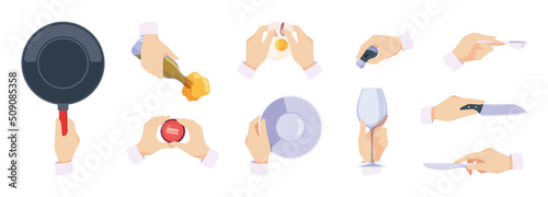 Holding kitchenware. Hands with various kitchen cuttery pan knife fork garish vector illustrations in cartoon style