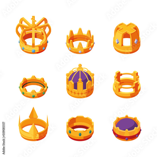 Golden crown. Isometric kings royal clothes for head crown with luxury colored gemstones antique jewelry collection garish vector pictures set