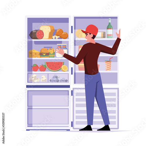 Hungry character. Man standing near fridge full with eating food meat milk eggs wine fruits and vegetables garish vector cartoon concept illustration