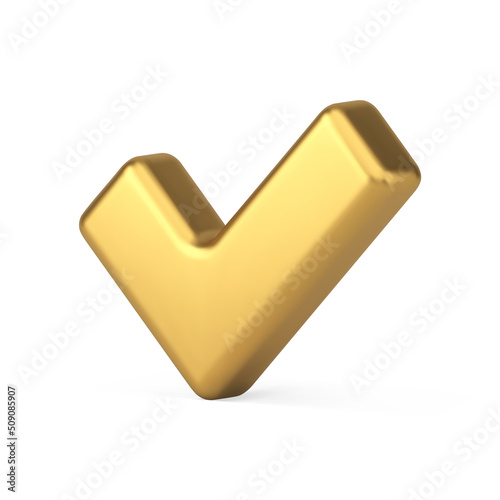 Premium metallic golden diagonal checkmark done ok good confirm badge realistic 3d icon vector