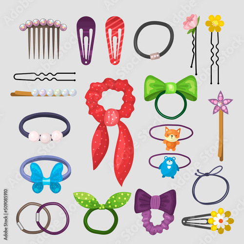 Hair accessories. Stylish girlish equipment plastic pins clips grooming tools rubber bands recent vector colored set