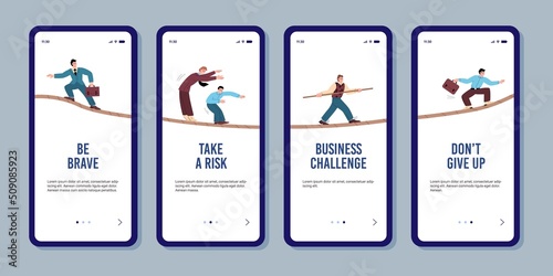 People walking and balancing on rope as symbol of business challenge, onboarding screens - flat vector illustration.