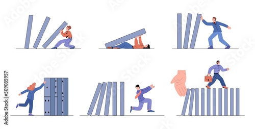 Business people holding row of falling domino flat vector illustration isolated.