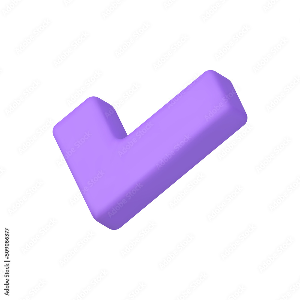 Purple glossy checkmark done complete successful vote choice isometric realistic 3d icon vector