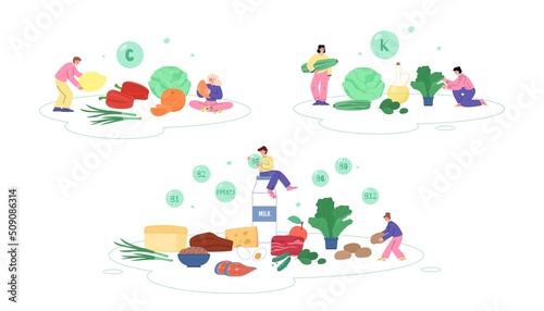 People hold healthy food products rich in vitamin C, K, B12 - flat vector illustration isolated on white background.