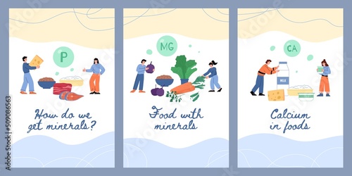 Minerals fortified food onboarding pages or posters, flat vector illustration.