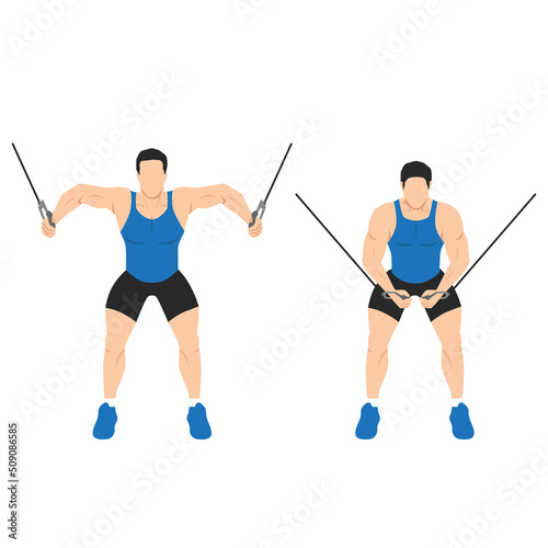 Man doing Standing cable crossover. cable flies exercise. Flat vector illustration isolated on white background. Workout character