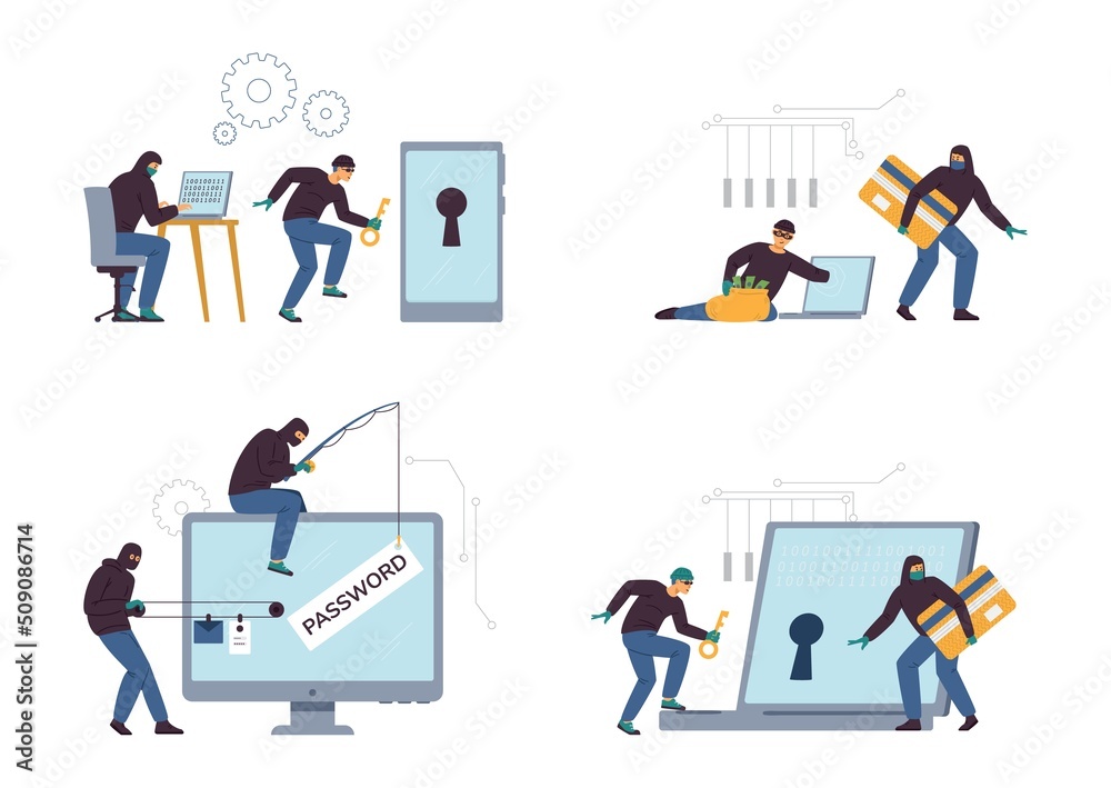 Hacker attack and identity theft scenes set, flat vector illustration isolated. Hacker attack and identity theft scenes set, flat vector illustration isolated.
