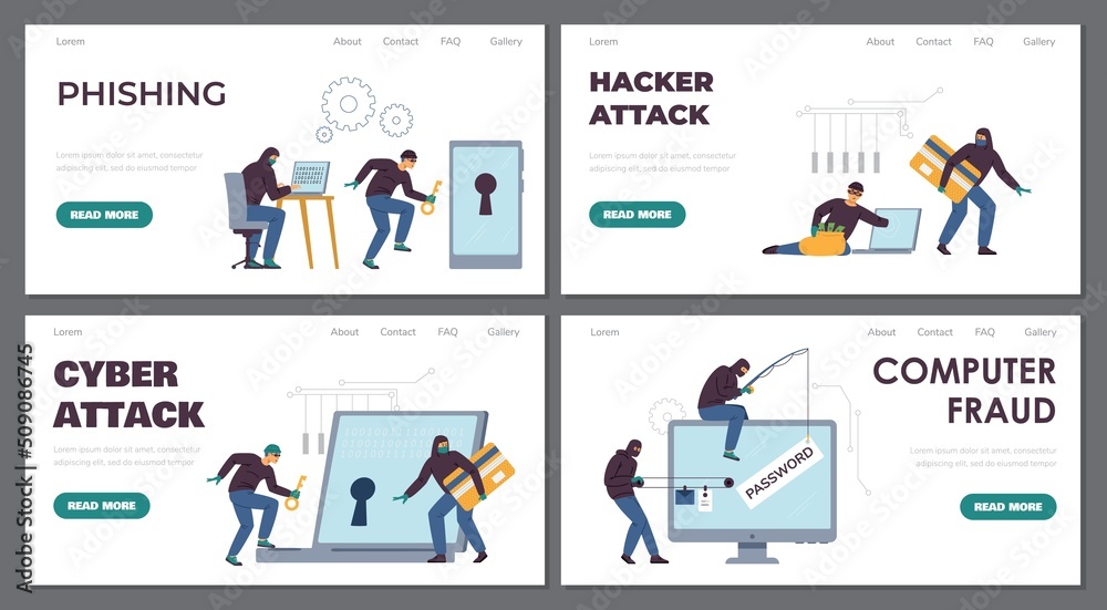 Computer fraud masked hacker, flat vector banner. Cyber security illustration, criminal thief steal online data.