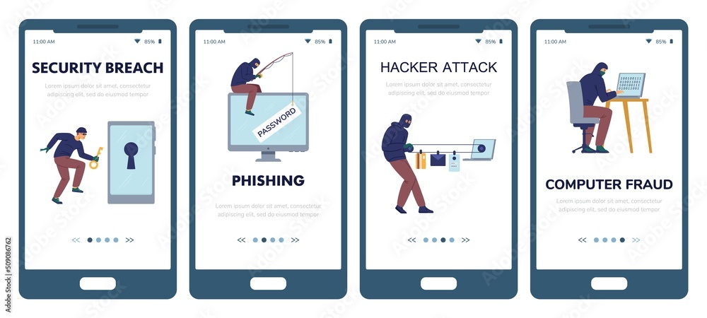Hacker attack flat vector banner for smartphone app. Computer fraud illustration set. Masked criminal phishing.