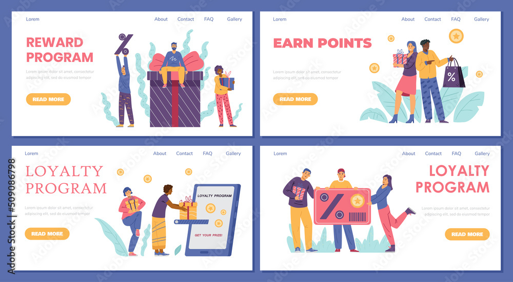 Reward program and earn point website templates set, flat vector illustration.