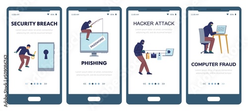 Hacker attack flat vector banner for smartphone app. Computer fraud illustration set. Masked criminal phishing. photo