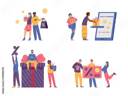 Reward program set of clients get rewards, flat vector illustration isolated.