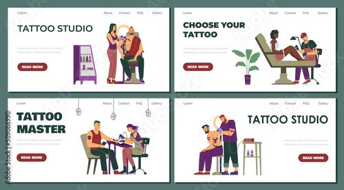 Tattoo studio advertising landing pages set, flat vector illustration.