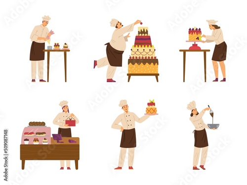 Professional confectioners pastry-cooks, flat vector illustrations isolated.