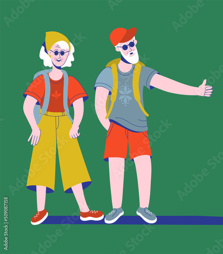 Old hitchhikers with backpacks standing and hitchhiking. Elderly couple traveling by hitching. Tourists in summer casual clothes with backpacks waiting for car.