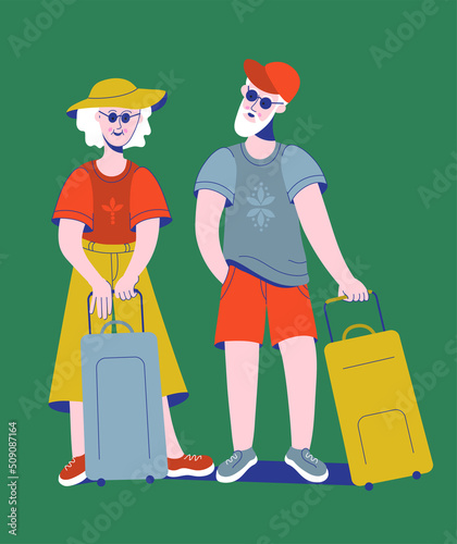 Old couple summer holiday. Elderly man and woman traveling together with suitcases. Old tourist. Family with bags going from airport