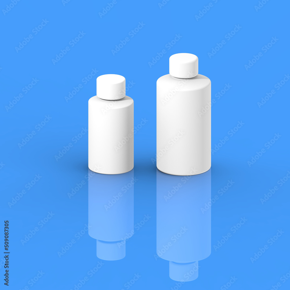 Two white cosmetic bottles, isolated on a blue background. Cosmetic packaging. Square image. 3D image. 3D rendering. Two white cosmetic bottles, isolated on a blue background. Cosmetic packaging. Square image. 3D image. 3D rendering.