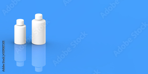 Two white cosmetic bottles, isolated on a blue background. Cosmetic packaging. Banner for insertion into site. Place for text cope space. Horizontal image. 3D image. 3D rendering.