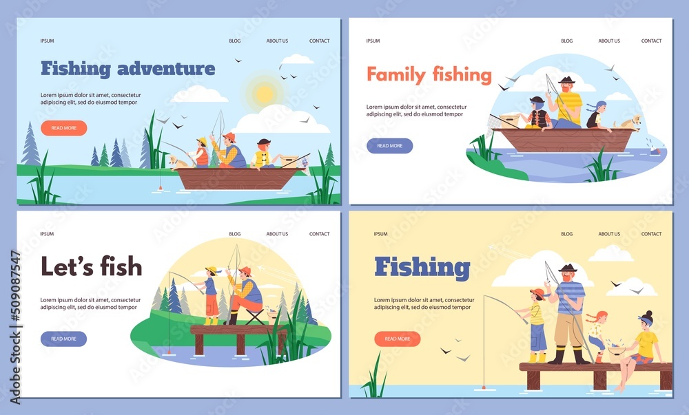 Family fishing website or landing page banner set flat vector illustration.