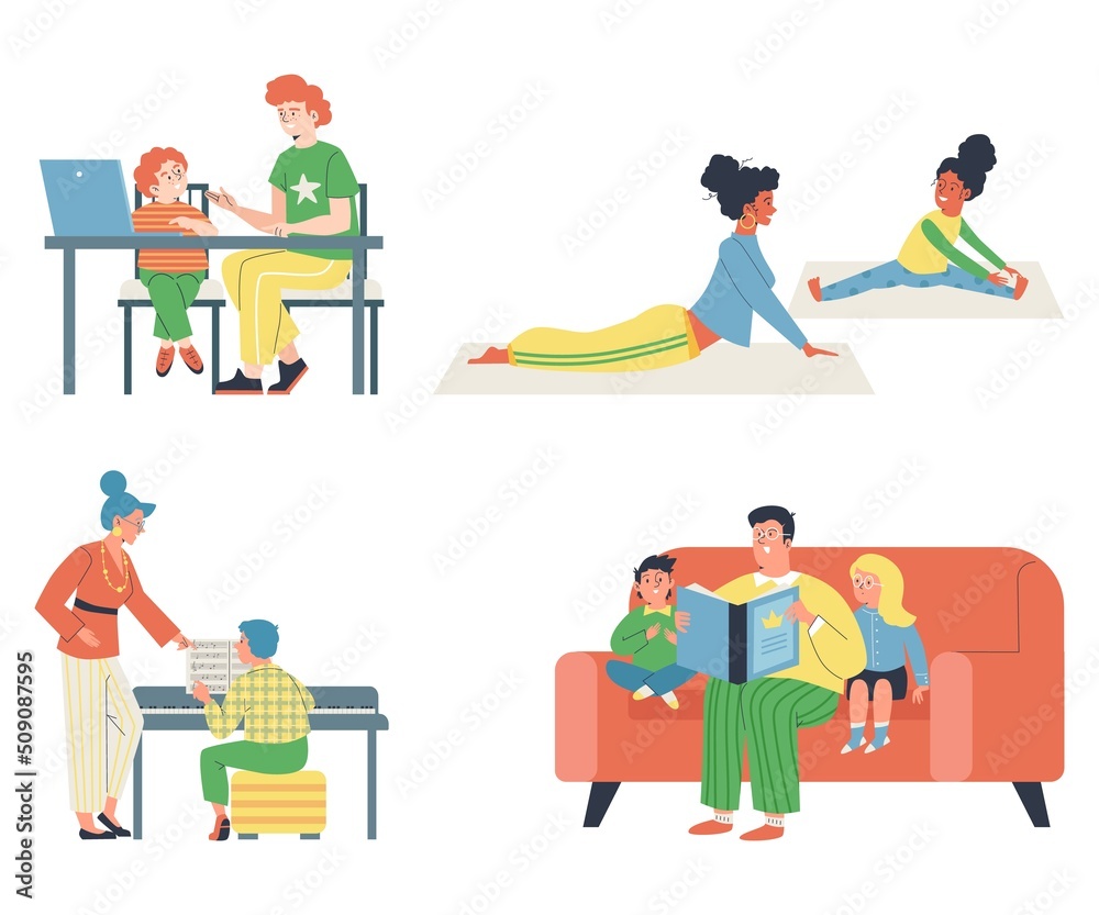 Set of scenes about parents and children relationships flat style