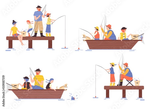 Family enjoy fishing together characters set, flat vector illustration isolated.