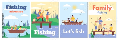 Family fishing adventure posters or banners set flat vector illustration.
