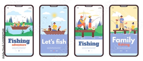 Family fishing onboarding pages kit for mobile app, flat vector illustration.