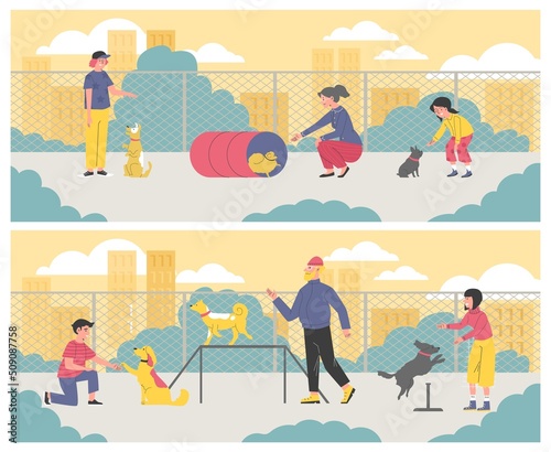 Dog training scenes on playground flat style, vector illustration