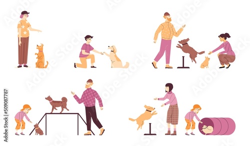 Pet owners and animals on the training ground, flat vector illustrations set.