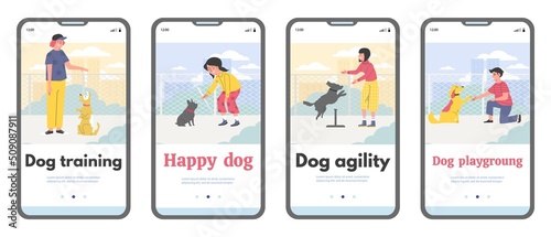 Set of mobile app templates about dog training flat style, vector illustration