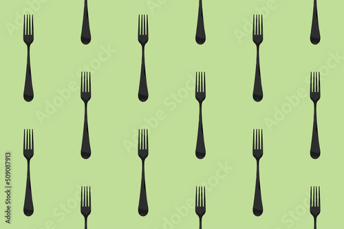 pattern. Fork top view on pea background. Template for applying to surface. Flat lay. Horizontal image. 3D image. 3D rendering.