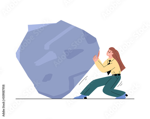 Business woman trying to stop a rolling stone, flat vector illustration isolated.