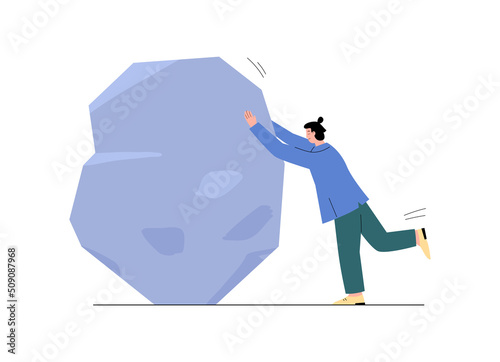 Man makes an effort to push big and heavy stone, flat vector illustration isolated on white background.