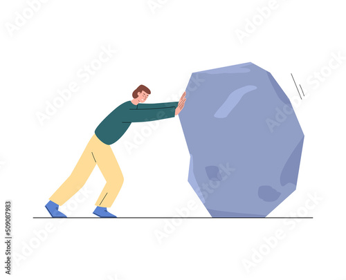 Man pushes a stone with effort trying to clear his way, flat vector isolated.