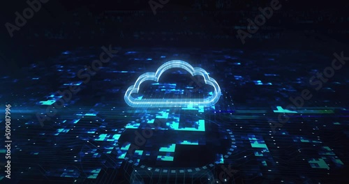 Cloud computing and online storage and internet server hologram symbol appears on a digital background. Network, cyber technology and computer abstract concept 3d animation. photo