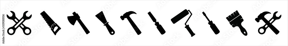 Tools icon set. House and construction tool vector illustration. Carpenter and painting work instrument symbol like wrench, spanner, handsaw, axes, paint roller, hammer, cape and paint brush. Tools icon set. House and construction tool vector illustration. Carpenter and painting work instrument symbol like wrench, spanner, handsaw, axes, paint roller, hammer, cape and paint brush.